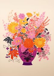 Vivid Blooms in a Patterned Purple Vase