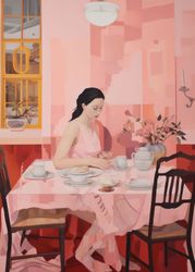 Quiet Dining: Lady in Pink at the Table