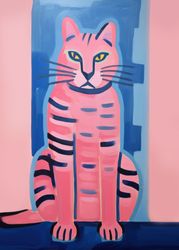 Pink Cat on Blue Table: A Vibrant Visual Contrast
