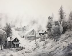 Village Enshrouded in Misty Pines