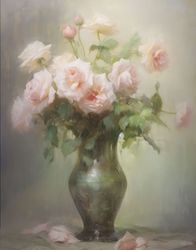 Pink Roses in Green Vase