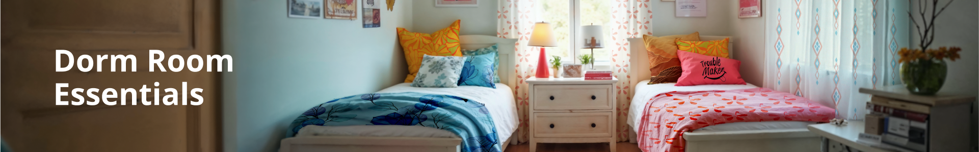 Dorm Room Essentials 2025 setup with twin beds, bedding, pillows, & dorm decor