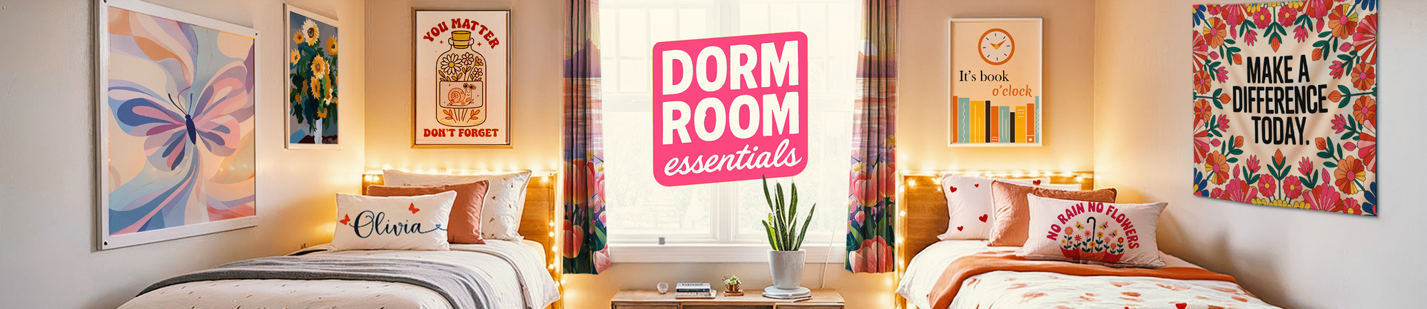 Dorm Room Essentials 2025 setup with twin beds, bedding, pillows, & dorm decor